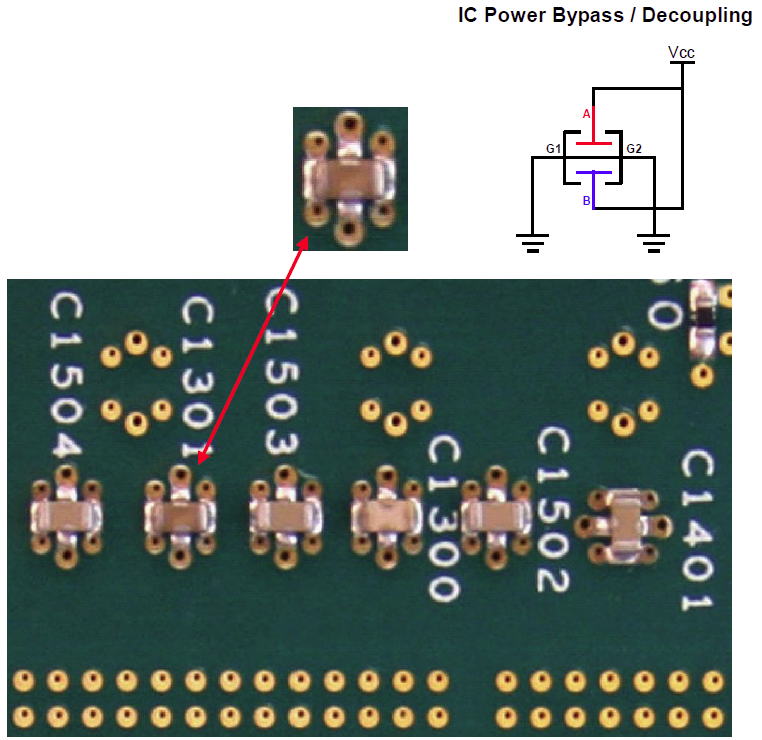 IC power bypass closeup and schematic